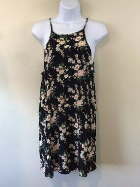 Forever 21 90s Style Black Floral Print Thin Strapped Summer Dress